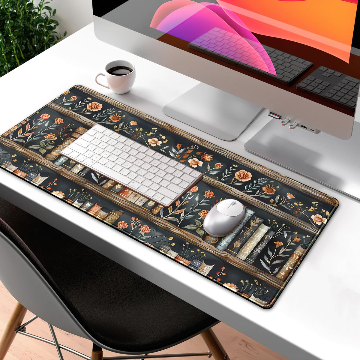 Library Desk Mat Dark Academia Large Mouse Pad Forest Book Nature Floral Gaming Mousepad XL Vintage