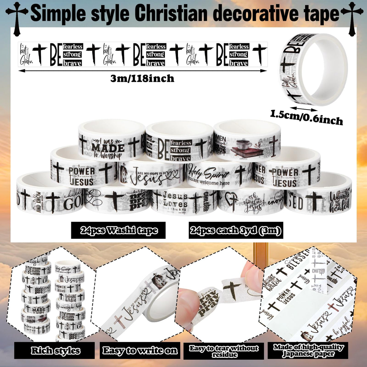 Janlaugh 24 Rolls Christian Washi Tape Gifts, Black White Cross Religious