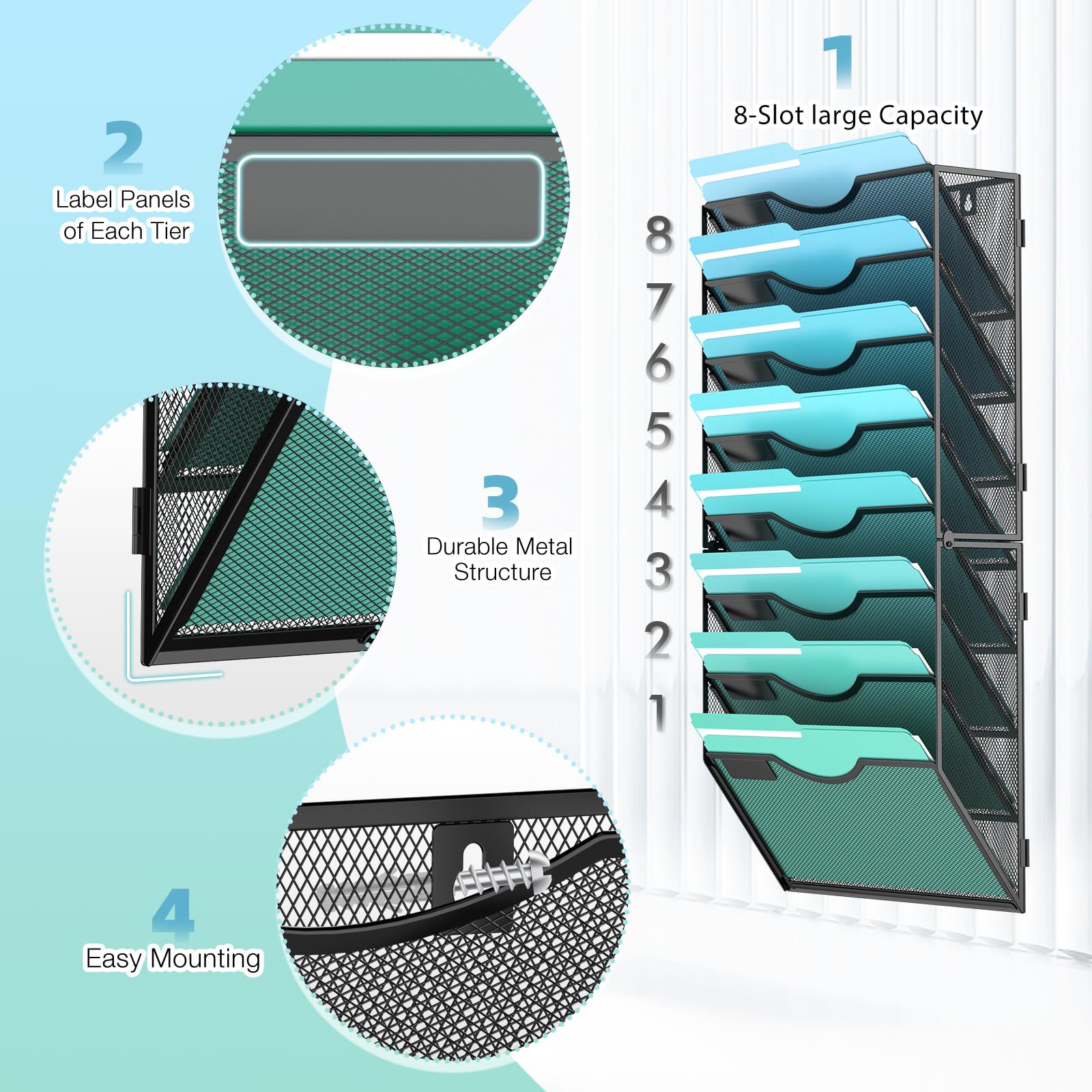 Gawerk 8-Tier Wall File Organizer Hanging Wall File Holder Wall Mount Paper Folder Organize, Mesh