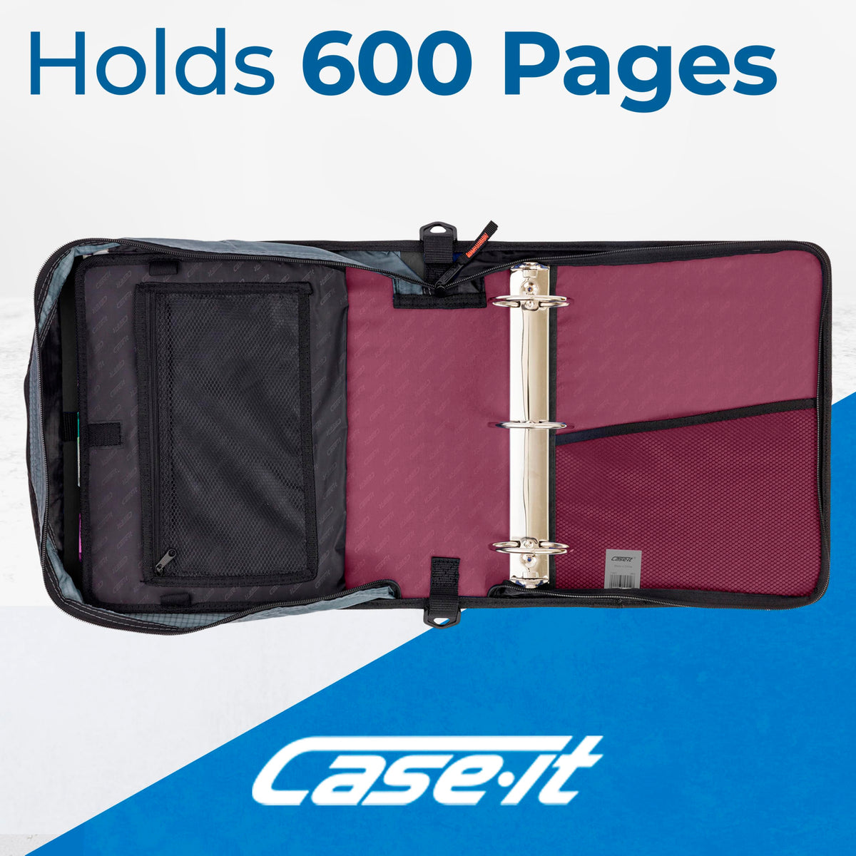 Case-it School Zipper Binder | 3" O-Rings | 600-Sheet | D-146 Red Burgundy