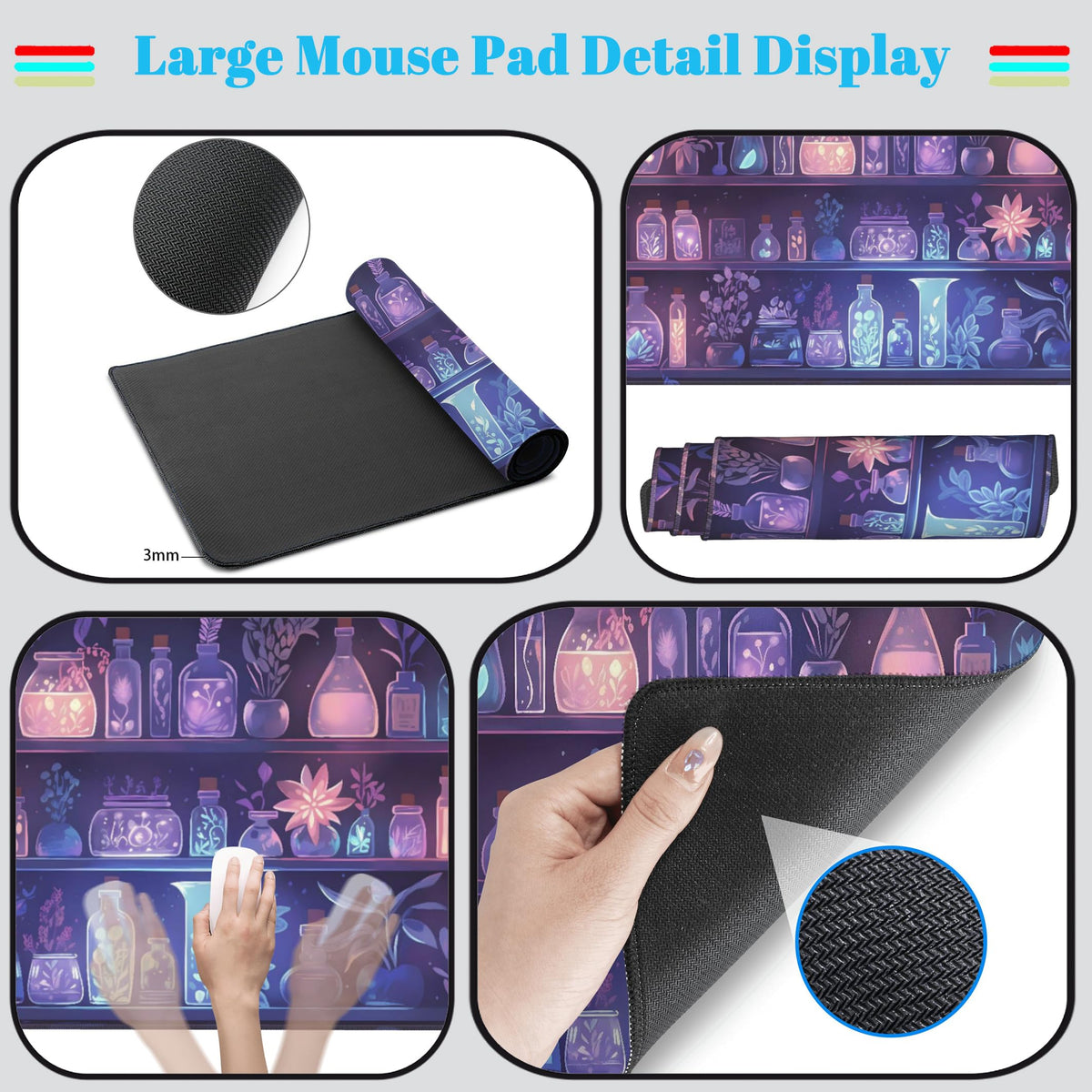 Cute Cozy Purple Gaming Desk Mat, Mystical Potion Bottles Mouse Pad XXL Large Extended Aesthetic