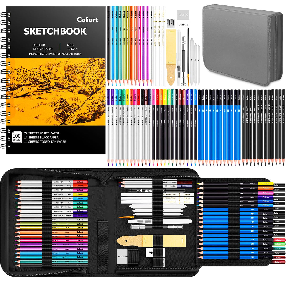 Caliart 176PCS Art Supplies Sketching Kit, 100 Sheets 3-Color Sketch Book