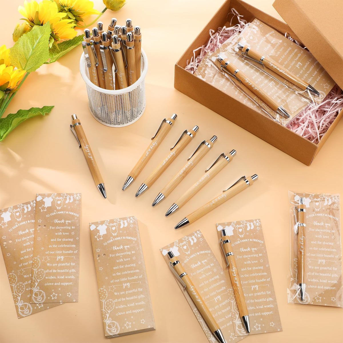 Zhanmai 36 Set Rustic Baby Shower Favors for Guests Include 36 Ballpoint Pens 36 Thank You Cards 36