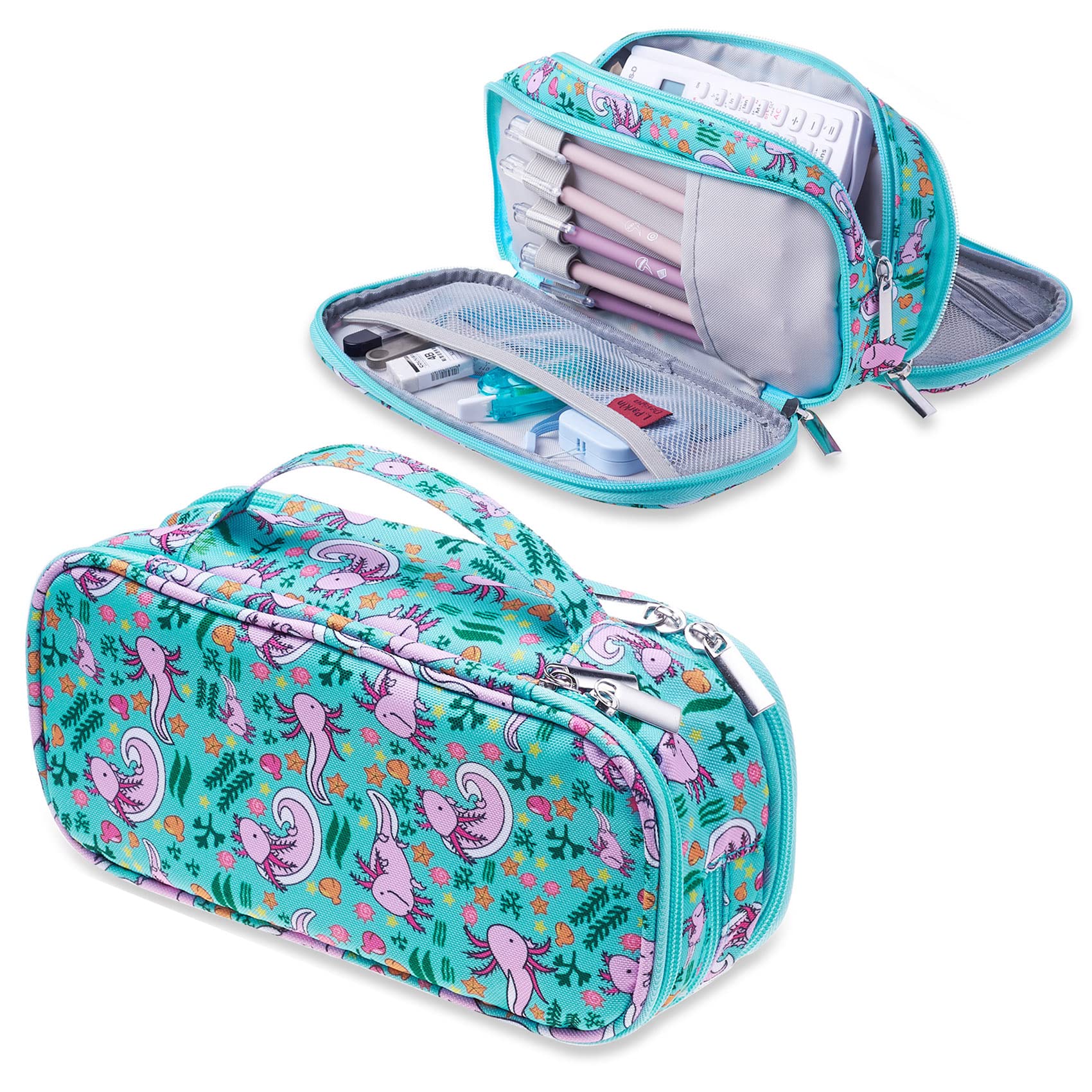 LParkin Axolotl Pencil Case Super Large Capacity 3 Compartments Canvas Pencil Box Kawaii Makeup Bag