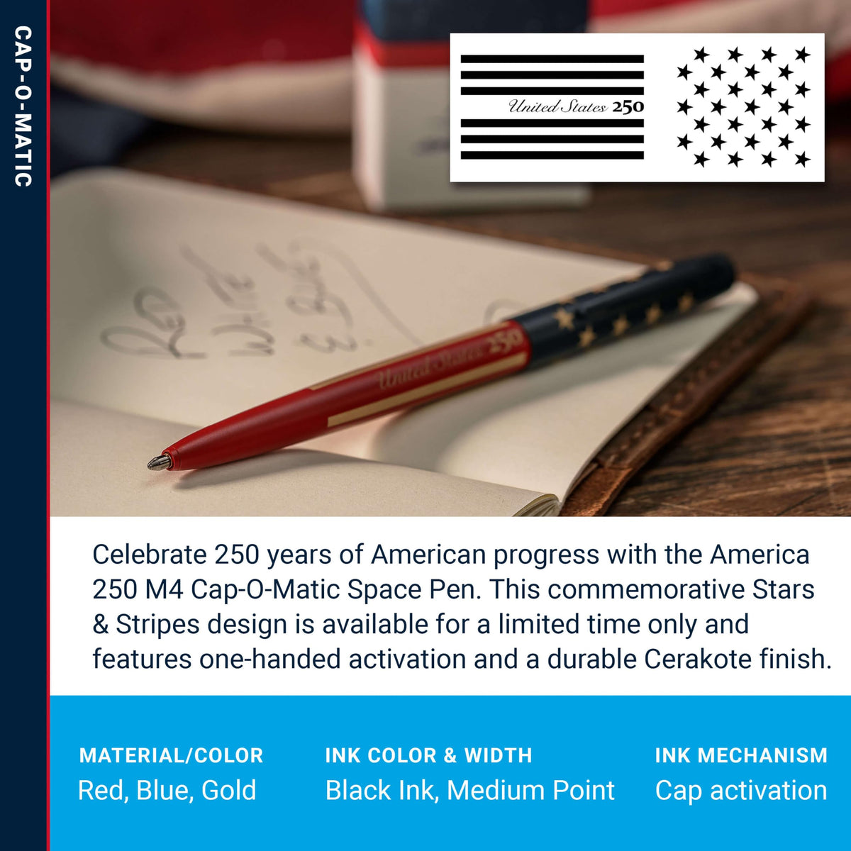 Fisher Space Pen United States 250 Stars & Stripes, Cap-O-Matic Pen, Black