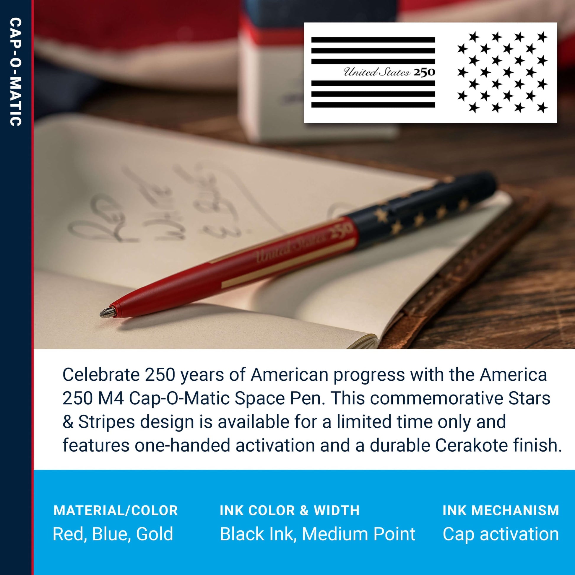 Fisher Space Pen United States 250 Stars & Stripes, Cap-O-Matic Pen, Black