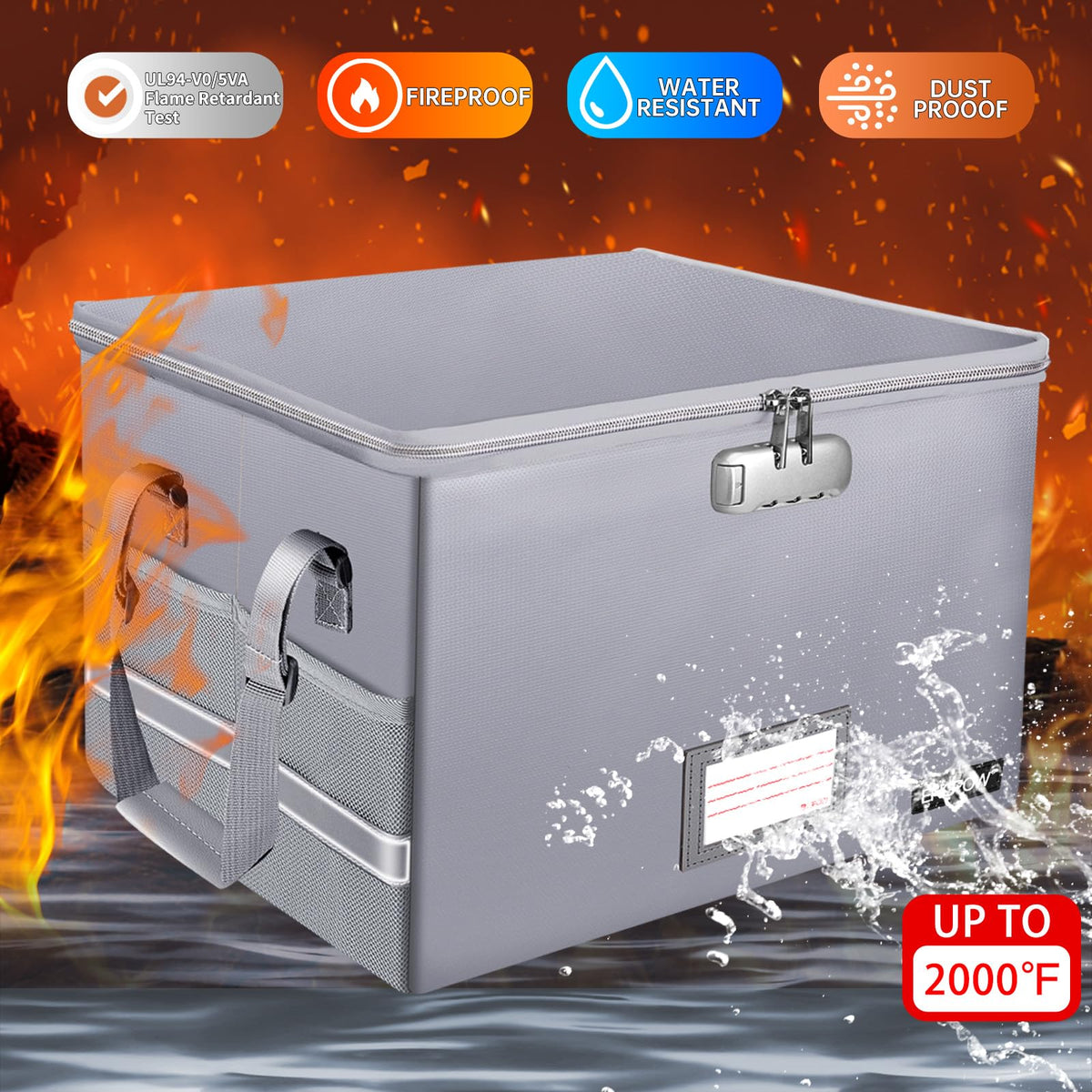 ENGPOW File Box with Lock, Fireproof Document Box with Pockets, Collapsible File Organizer Filing