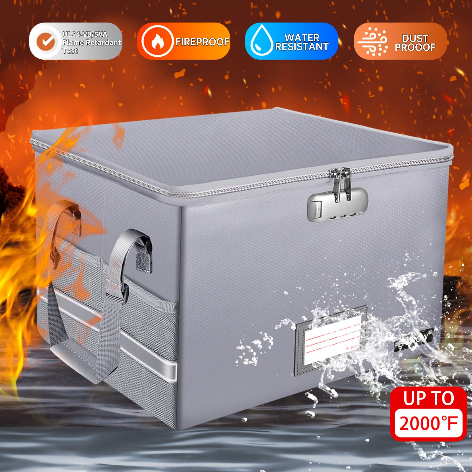 ENGPOW File Box with Lock, Fireproof Document Box with Pockets, Collapsible File Organizer Filing