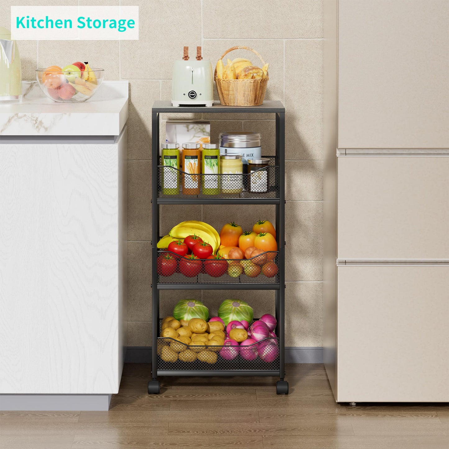 HapiRm Fruit Basket Kitchen Cart - 4-Tier Rolling Storage Cart with Wheels, Fruit Vegetable Basket