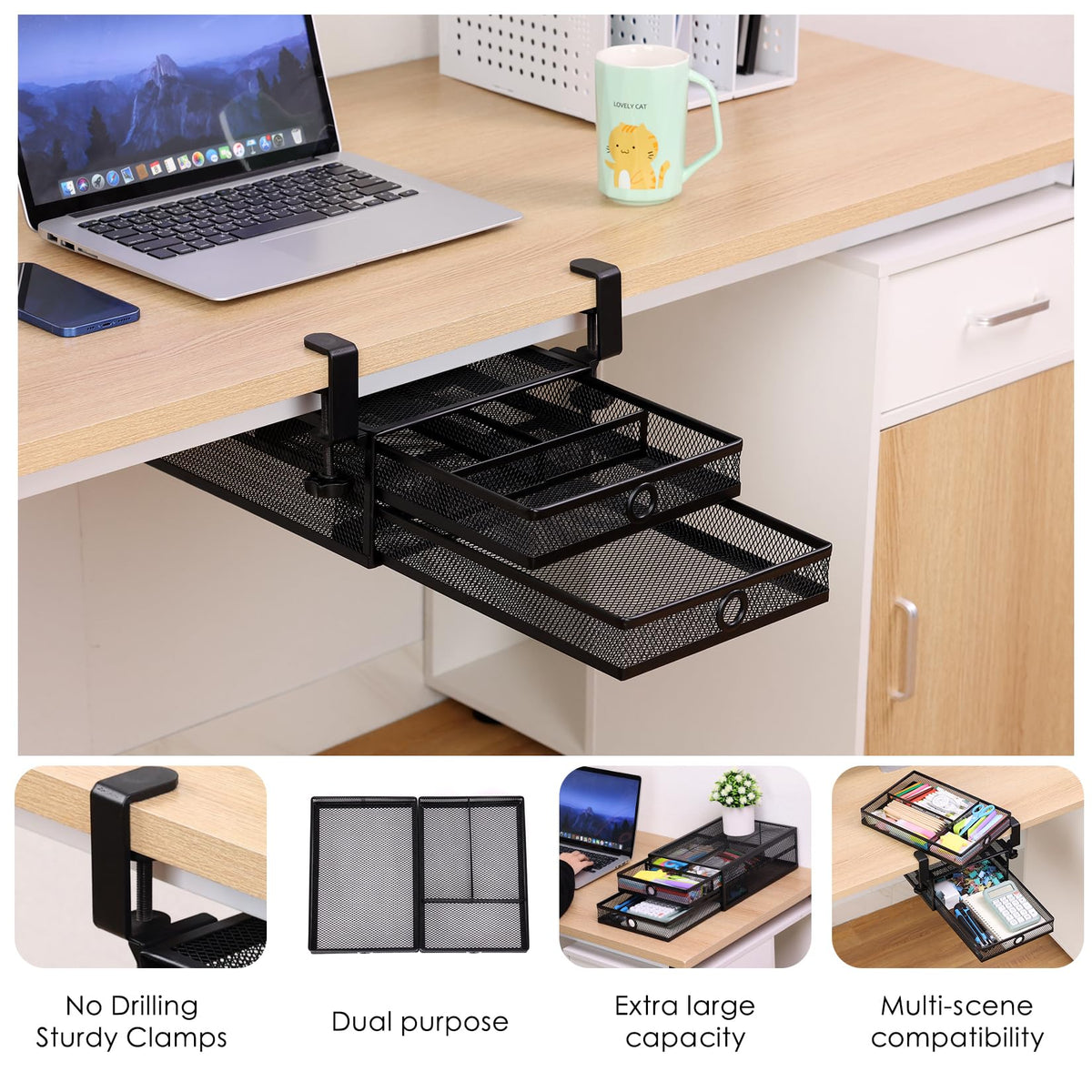 Under Desk Drawer, Clamp on Desk Organizer Slide Out Table Storage No Drill