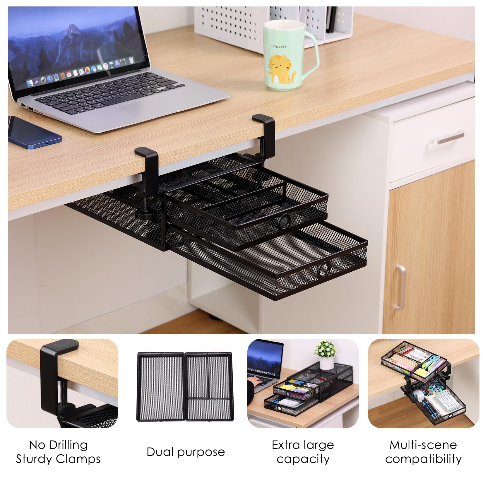 Under Desk Drawer, Clamp on Desk Organizer Slide Out Table Storage No Drill