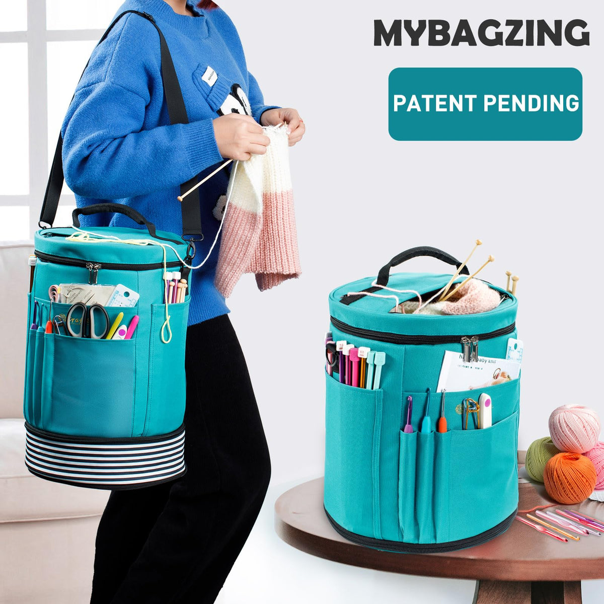 MYBAGZING Expandable Crochet Bag Organizer w/Yarn Grommets& Zipper Closure