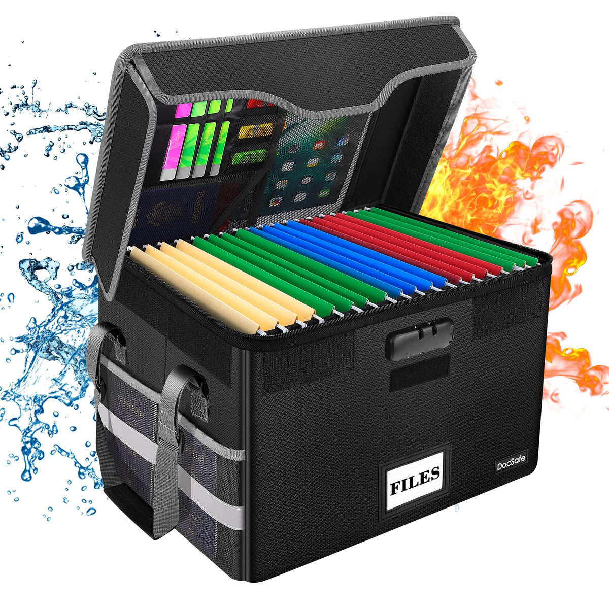 DocSafe Fireproof Document Box with Lock, File Storage Organizer with Mesh Pockets, Collapsible