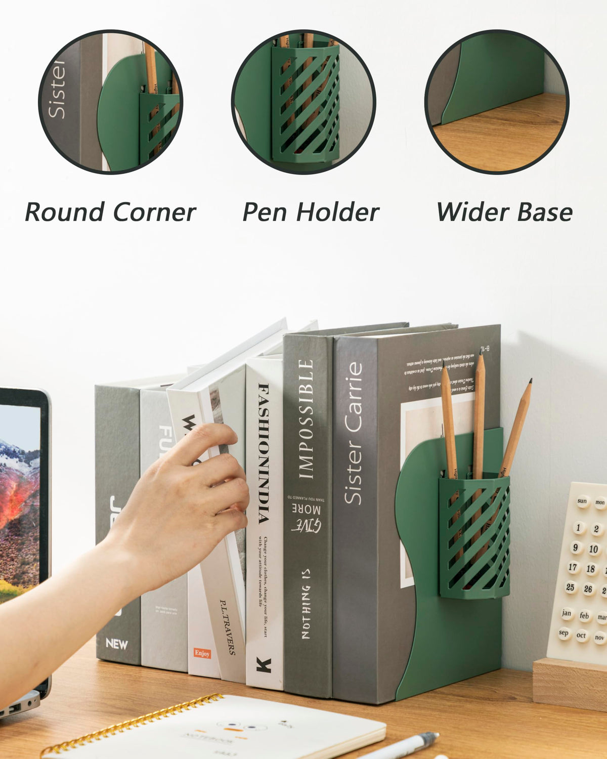 Kingsmile Book Ends, Adjustable Heavy Duty Metal Book Stoppers with Pen Holder for Desk Office