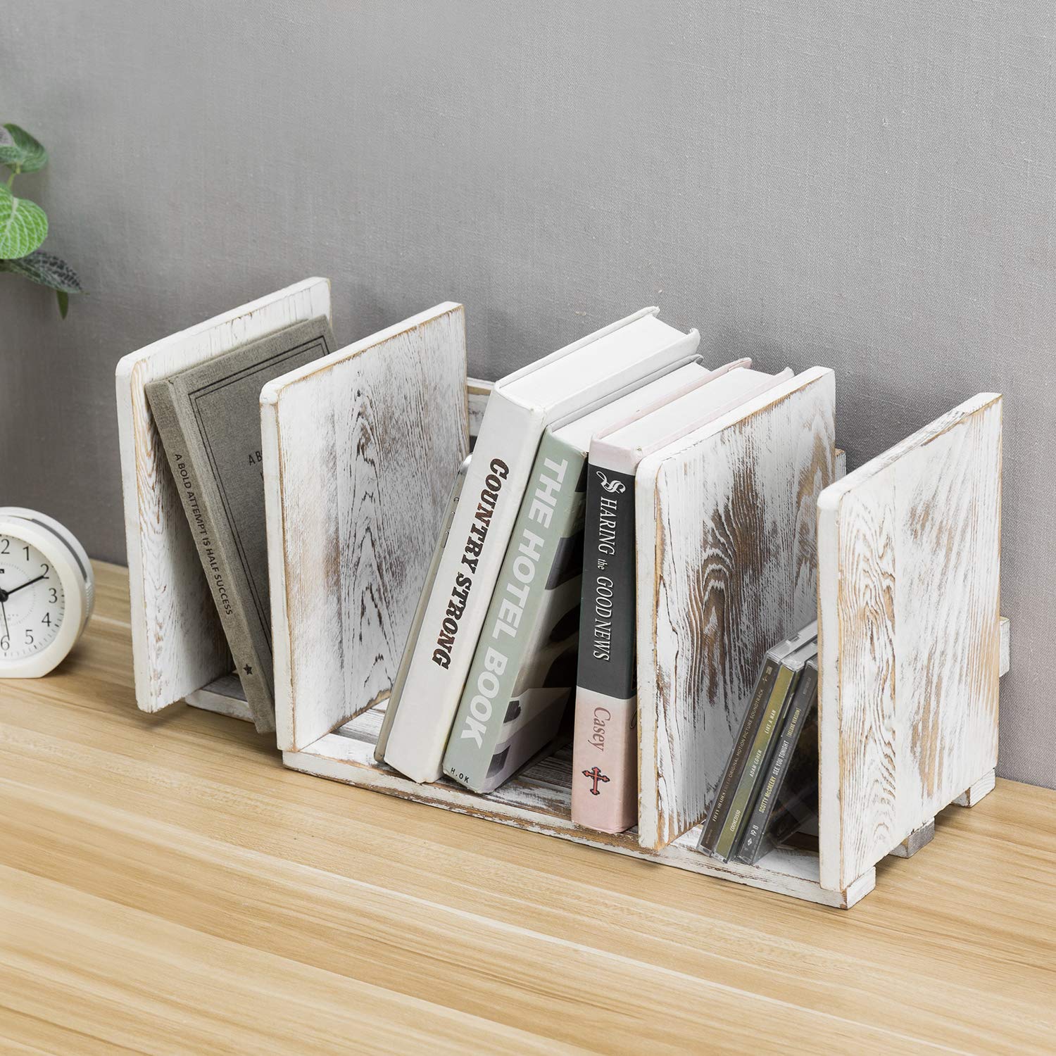 MyGift Rustic Expandable Whitewashed Wood Desktop Bookshelf/Adjustable Tabletop Book Holder