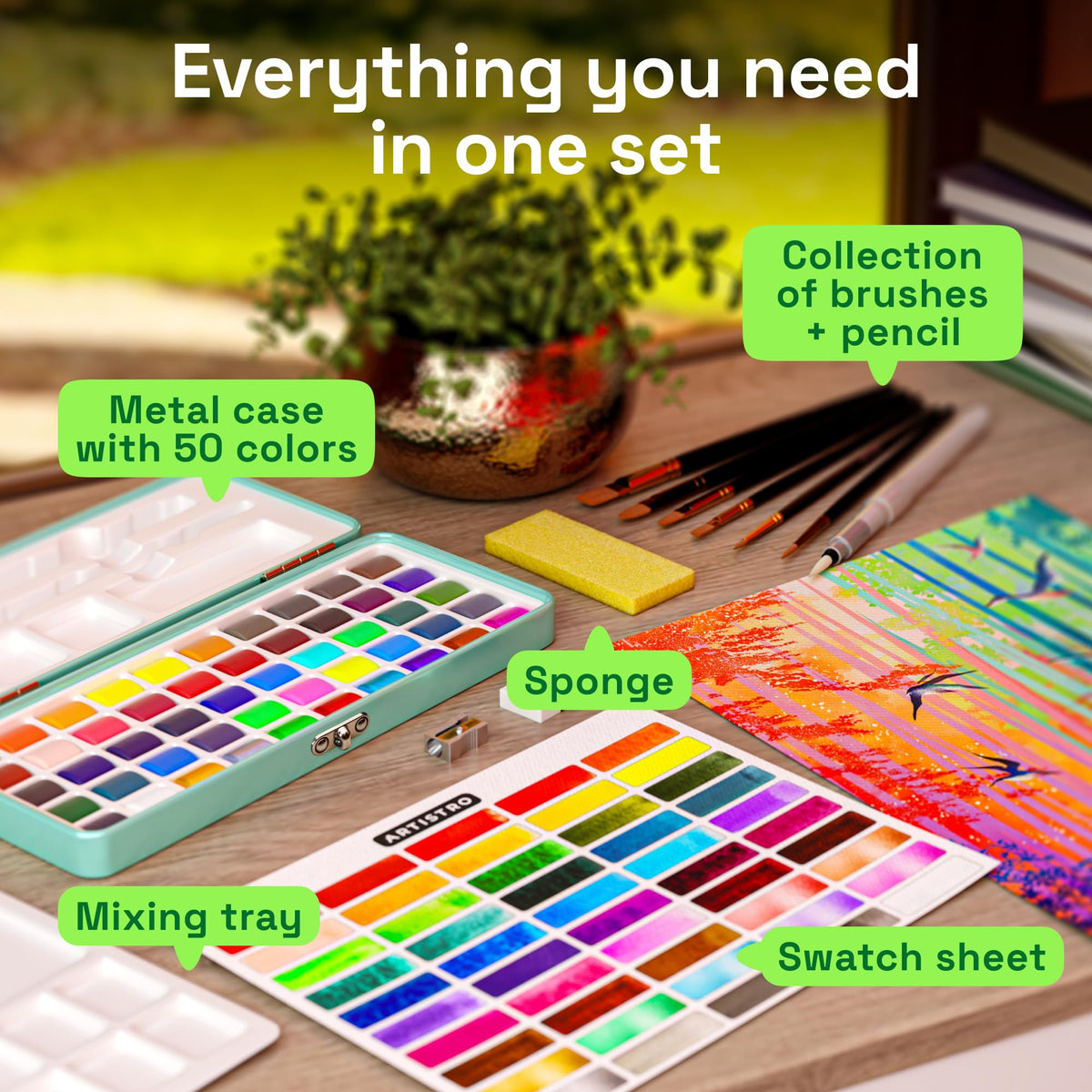 ARTISTRO Watercolor Paint Set - Travel Art Kit - 50 Colors