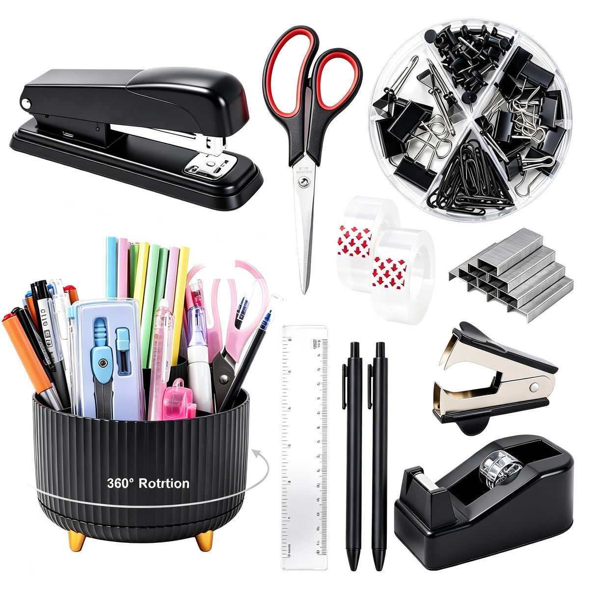 Gawsey Black Desk Organizers and Accessories with Desk Organizer 360° Rotating Pen Holder and
