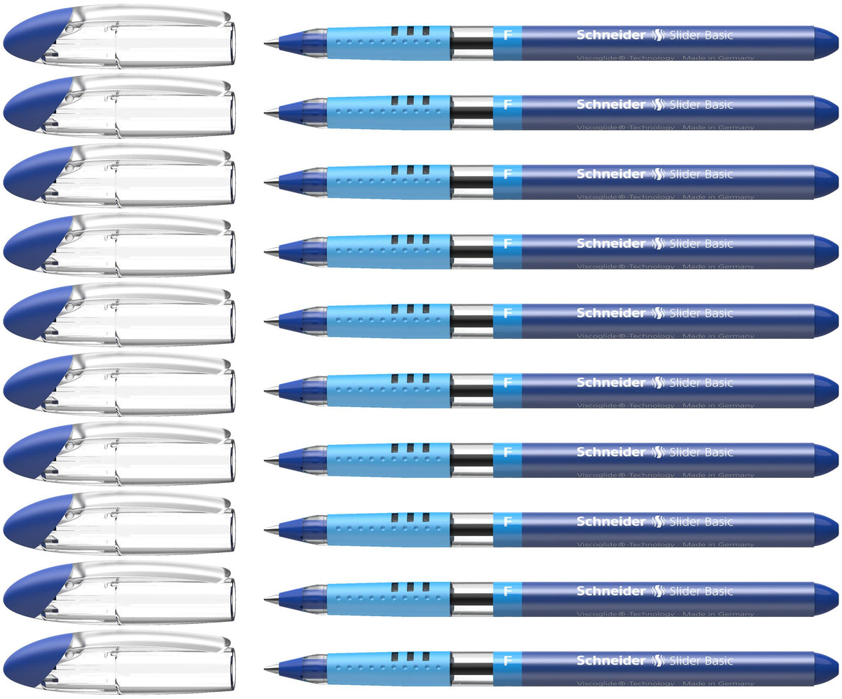 Schneider Slider Basic F (Fine) Ballpoint Pen, 0.7 mm, Transparent Barrel, Blue Ink, Box of 10 Pens