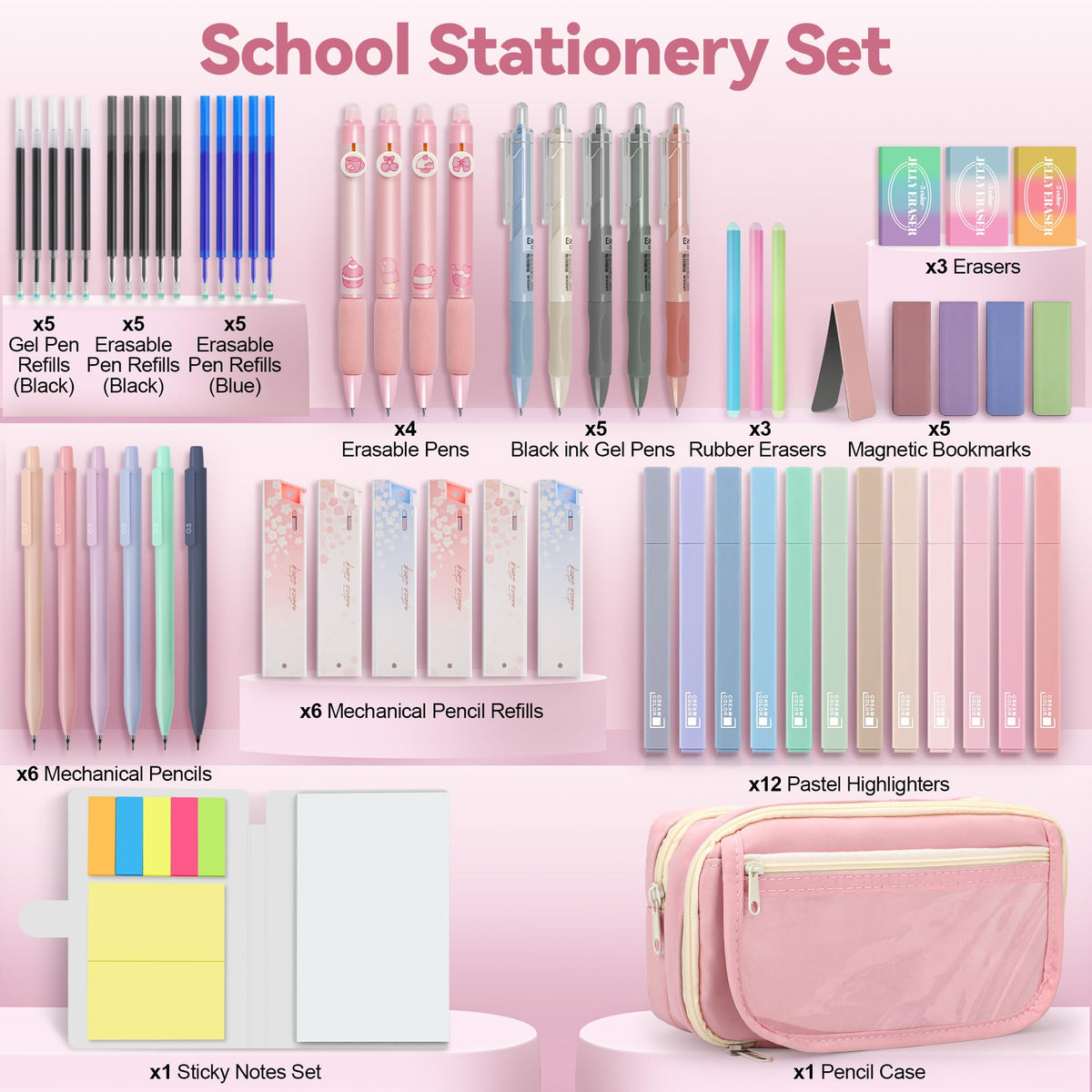 DazSpirit 61PCS Aesthetic College School Supplies Set with Cute Pencil Case