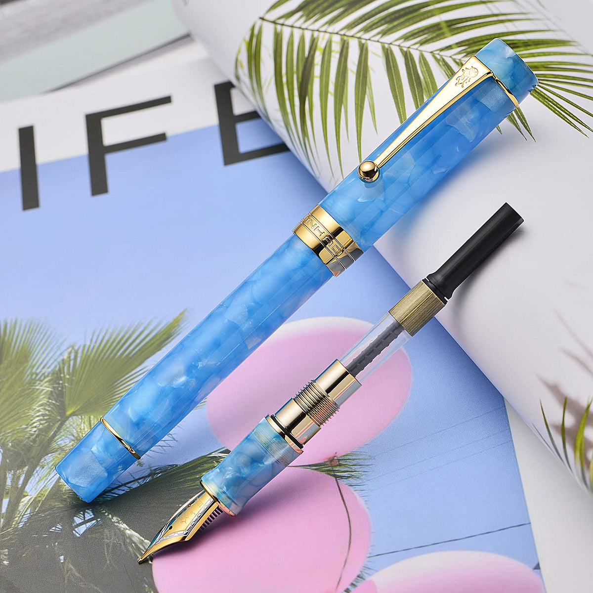 Jinhao 100 Classic Fountain Pen Sky Blue Celluloid Gold Trim, Medium Nib with Converter and Pen