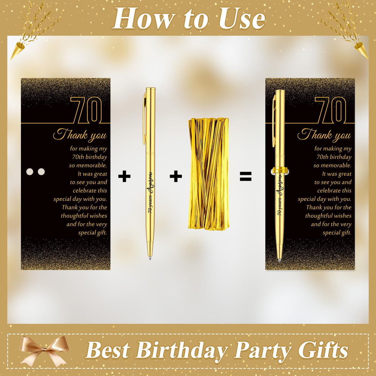 Feifeiya 50 Sets 70th Birthday Party Favors with Black Gold Pens Thank Card