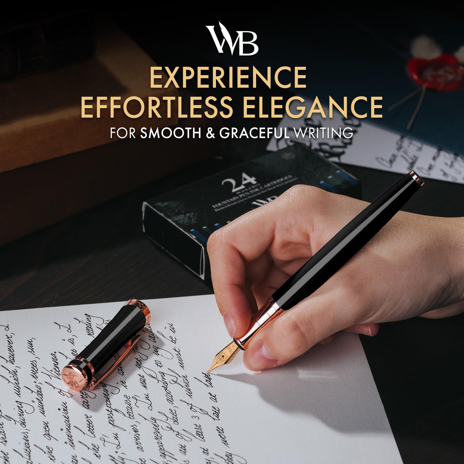 Wordsworth & Black Fountain Pen Set for Writing,Medium Nib, Black Rose Gold