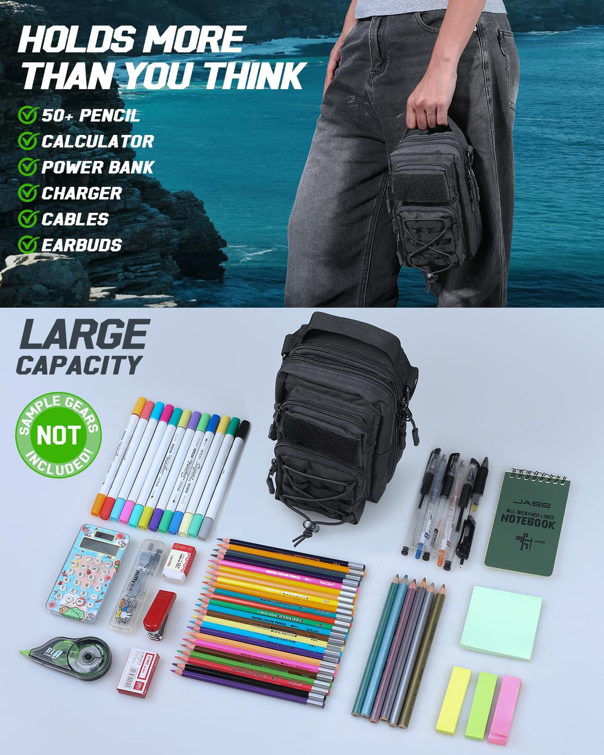 RXW Large Pencil Case Pouch, EDC Organizer for School, Office, Travel, Tech