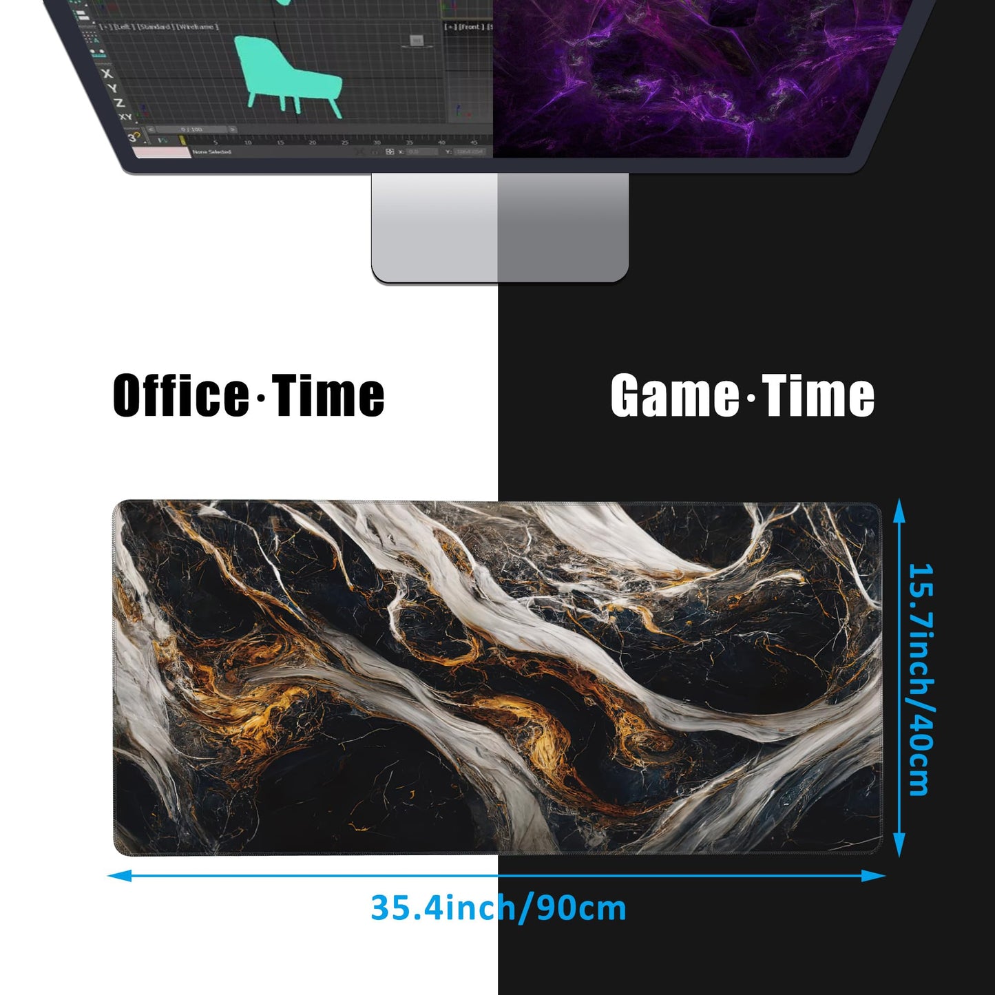 EOBKLAX Golden Black Marble Large Gaming Mouse Pad,Waterproof Desk Mat for Desktop,Non-Slip Rubber