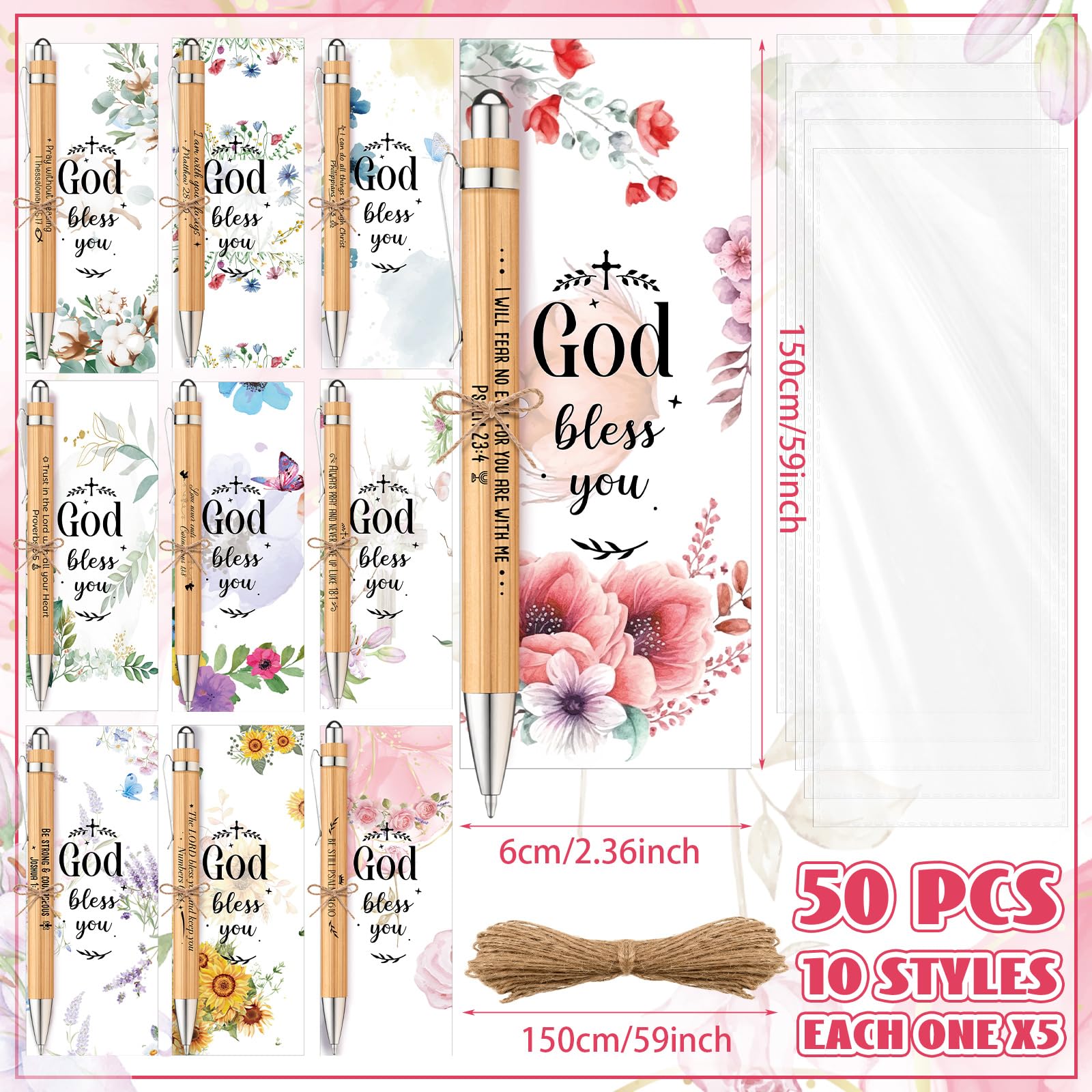 50 Set Bible Verse Bamboo Pens with Prayer Bookmarks Cards Christian Gifts Bulk Religious Church