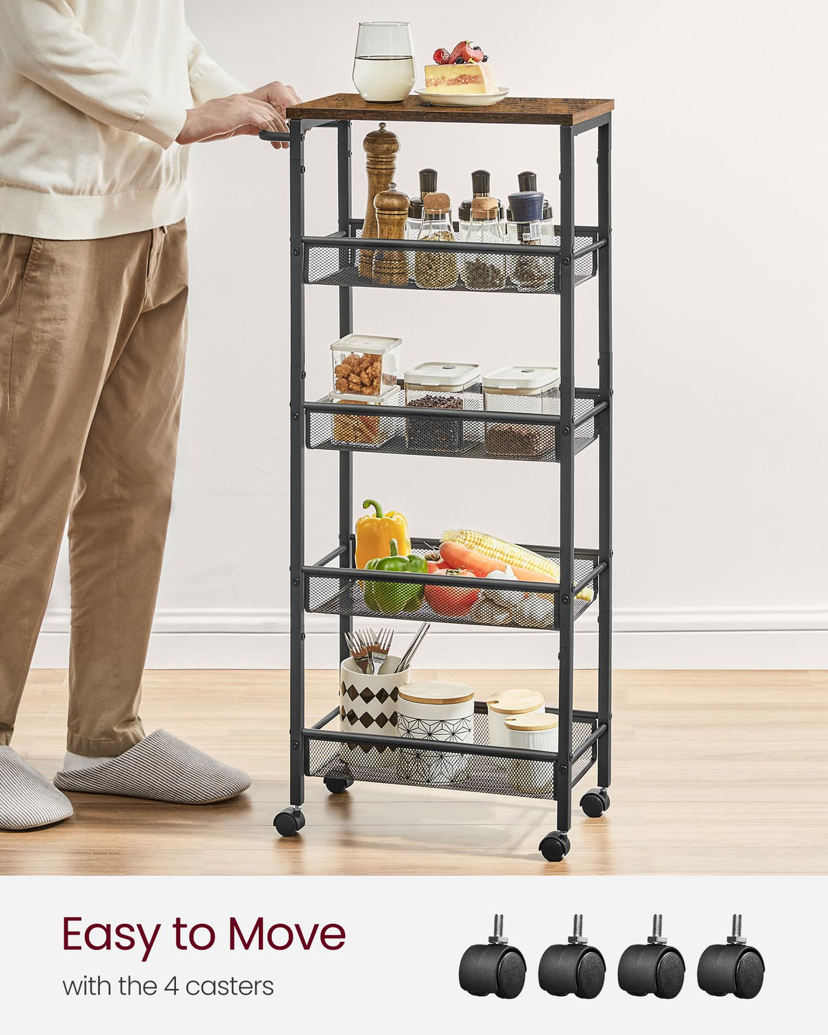 VASAGLE 5-Tier Slim Rolling Storage cart with Wheels, 8.7 Inches, Metal