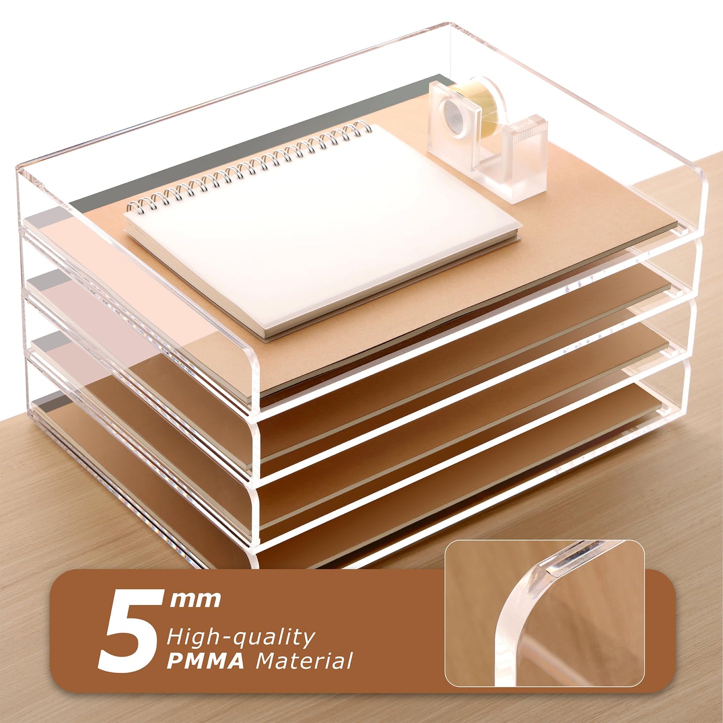 SANRUI 4 Tier Clear Desk Paper Letter Organizer Trays, A4 Stackable File Document Tray, Acrylic