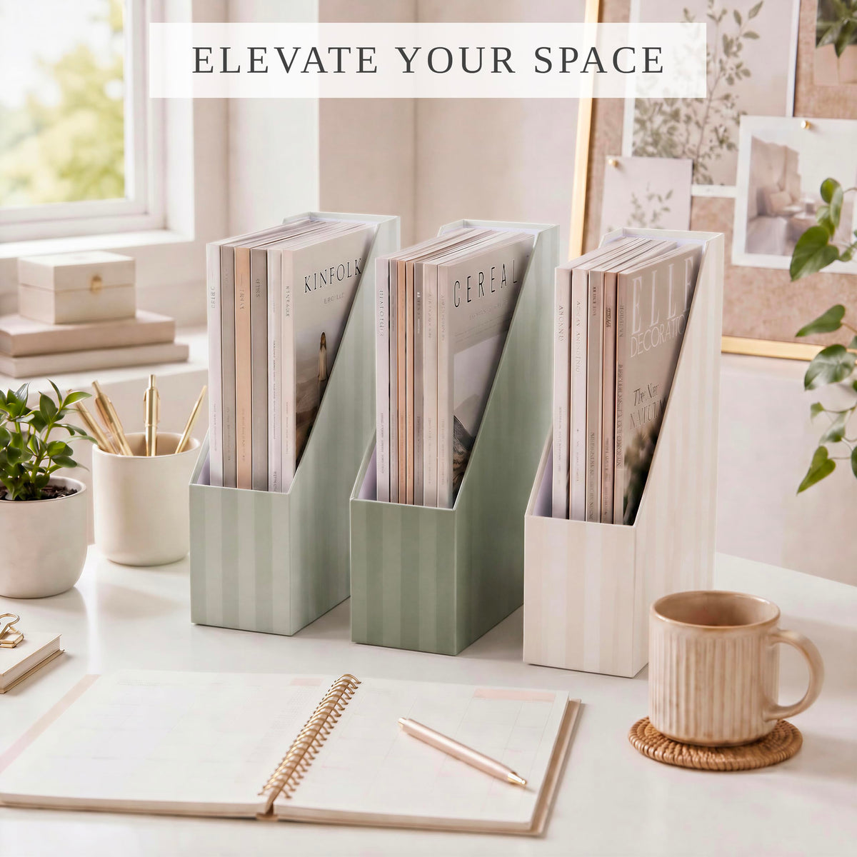 Beautiful Magazine Holder Set of 3 - Sturdy File Holder for Desk or Shelves