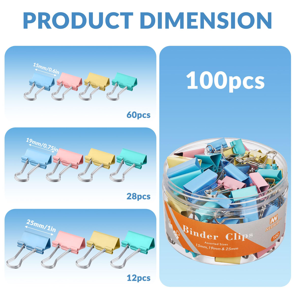 NEEWAY 100 Count Binder Clips Assorted Sizes, Paper Binder Clips (0.6inch 0.75inch 1inch), Metal