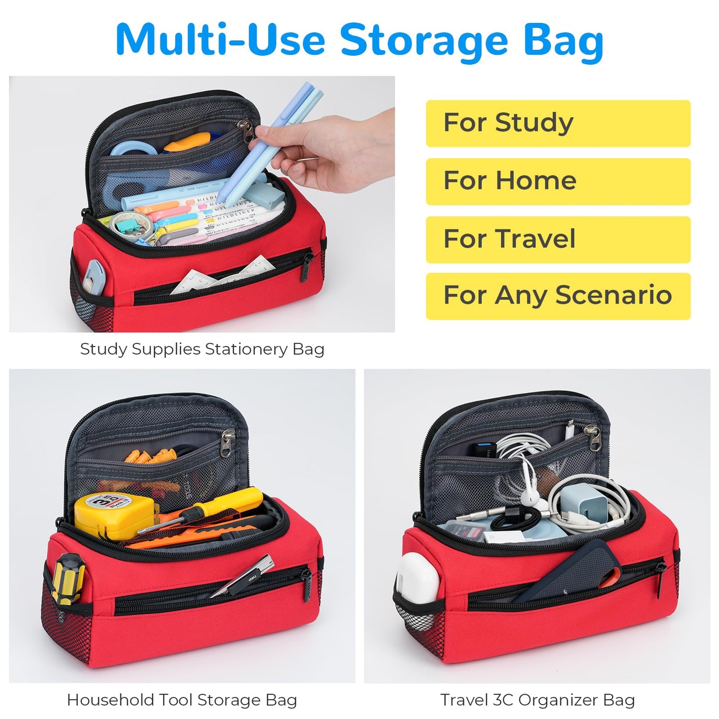 ECHSRT Large Pencil Case Organizer, Big Capacity U-Shaped Pen Pouch, Red