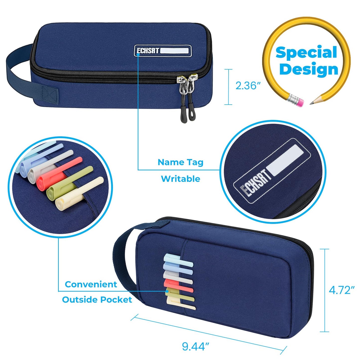 ECHSRT Large Capacity Pencil Case with Hidden Pocket, 1200D Oxford Fabric Zipper Pencil Pouch with