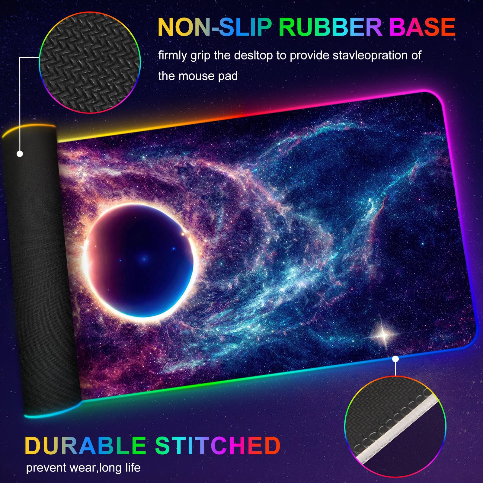 ARTSO RGB Gaming Mouse Pad, Large Mousepad with Led Light, Cosmic Starry Sky Keyboard Pad Gaming