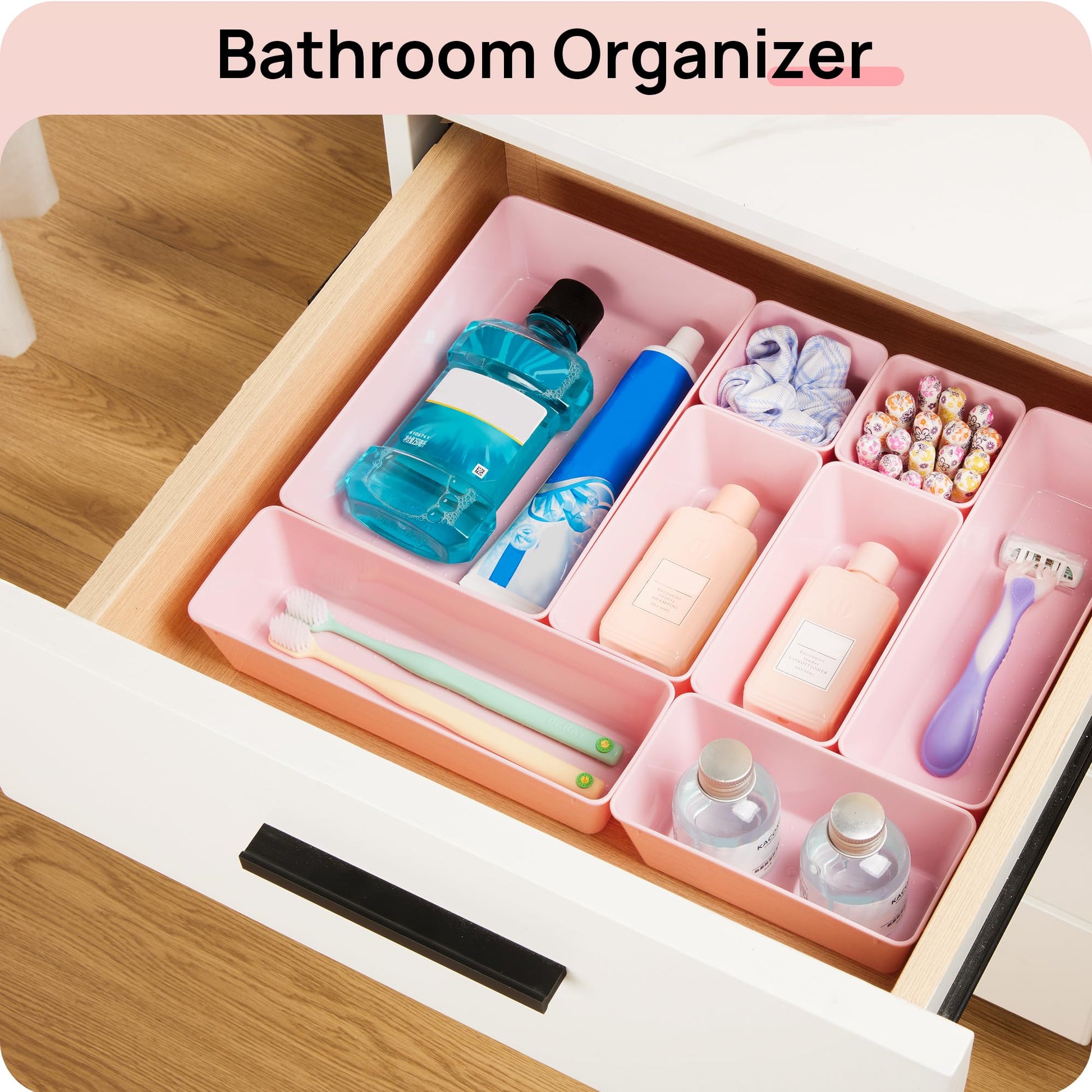 Vtopmart 44 PCS Plastic Drawer Organizers Set, Vanity Organizer Trays, Pink