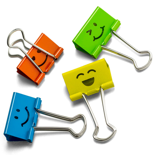 Officemate Smiling Face Binder Clips, Medium, Assorted Colors 36 Pcs, Paper Clamps for
