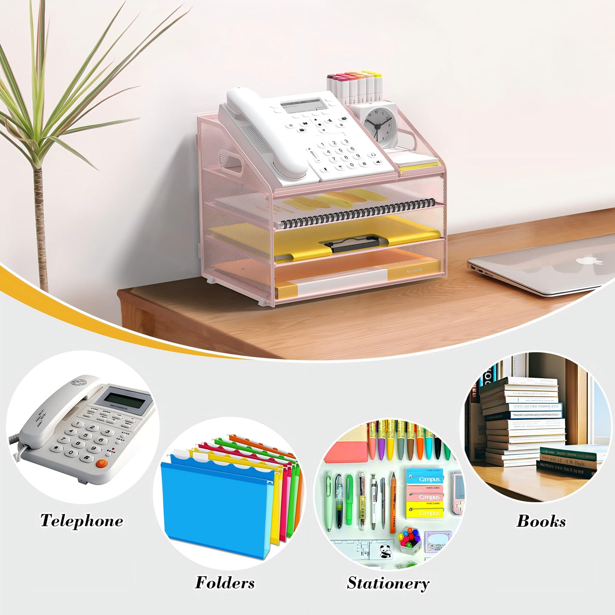 OrgMate 4 Tier Mesh Desk Organizer with Pen Holder and Handle Letter Tray