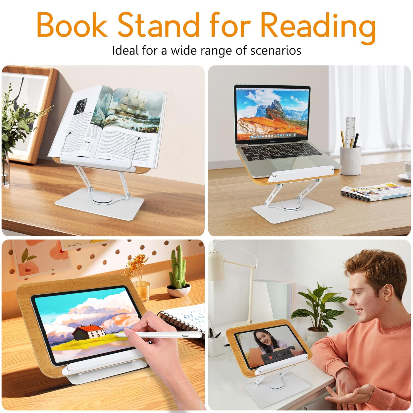 trophable Book Stand for Reading Cookbook Stand Book Holder with 360 Rotating Base Page Clips Book