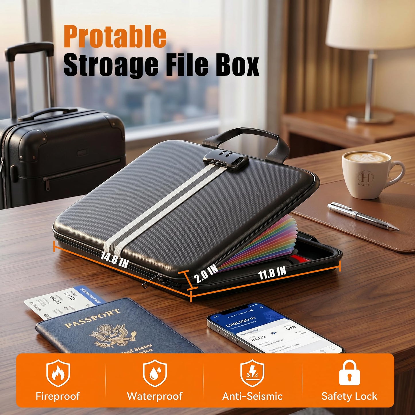 IPYIPY Fireproof Document Organizer with Lock, Semi-Rigid EVA Shell File Box with 13-Pocket