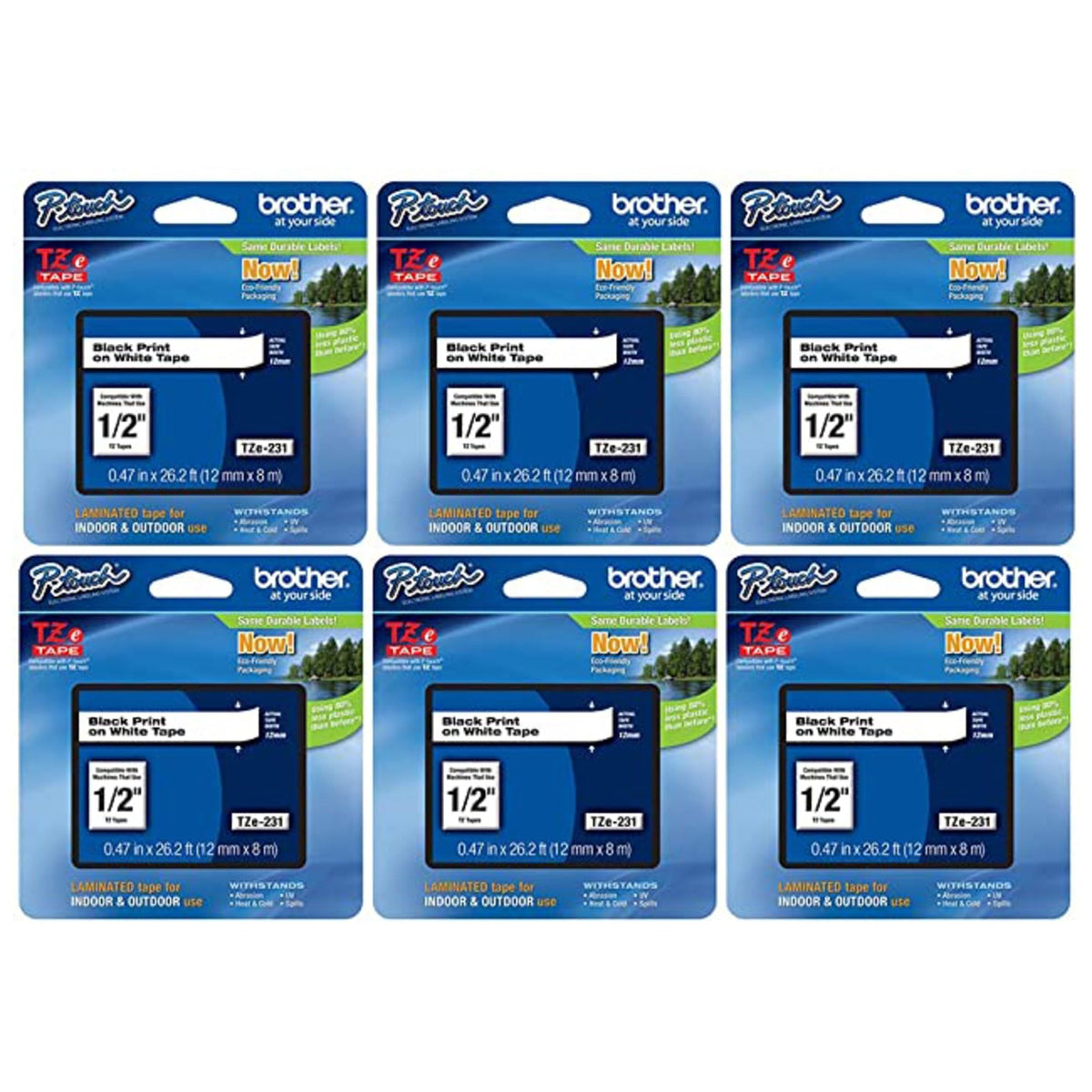 Brother Genuine P-Touch, TZe-231 6 Pack Tape ½” (0.47”) x 26.2 ft. (8m) 6-Pack Laminated P-Touch