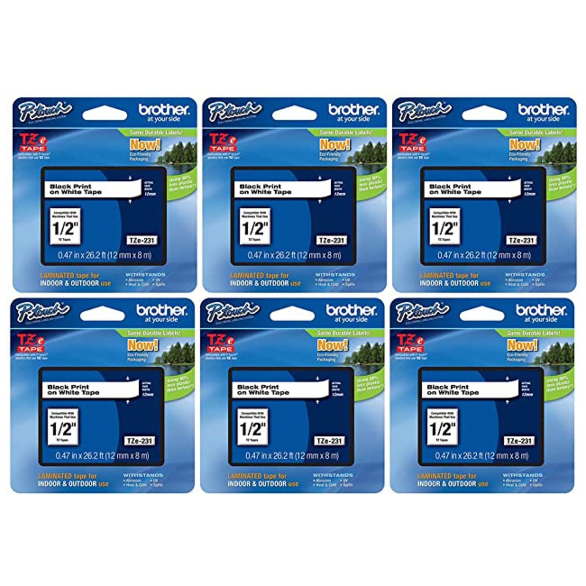 Brother Genuine P-Touch, TZe-231 6 Pack Tape ½” (0.47”) x 26.2 ft. (8m) 6-Pack Laminated P-Touch