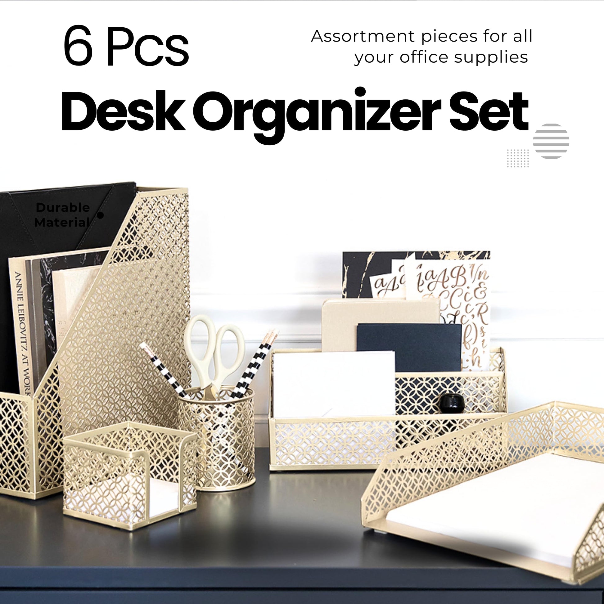 BLU MONACO | Gold Desk Organizer Set with Mail Sorter, Sticky Note Holder, Pen Cup, Magazine