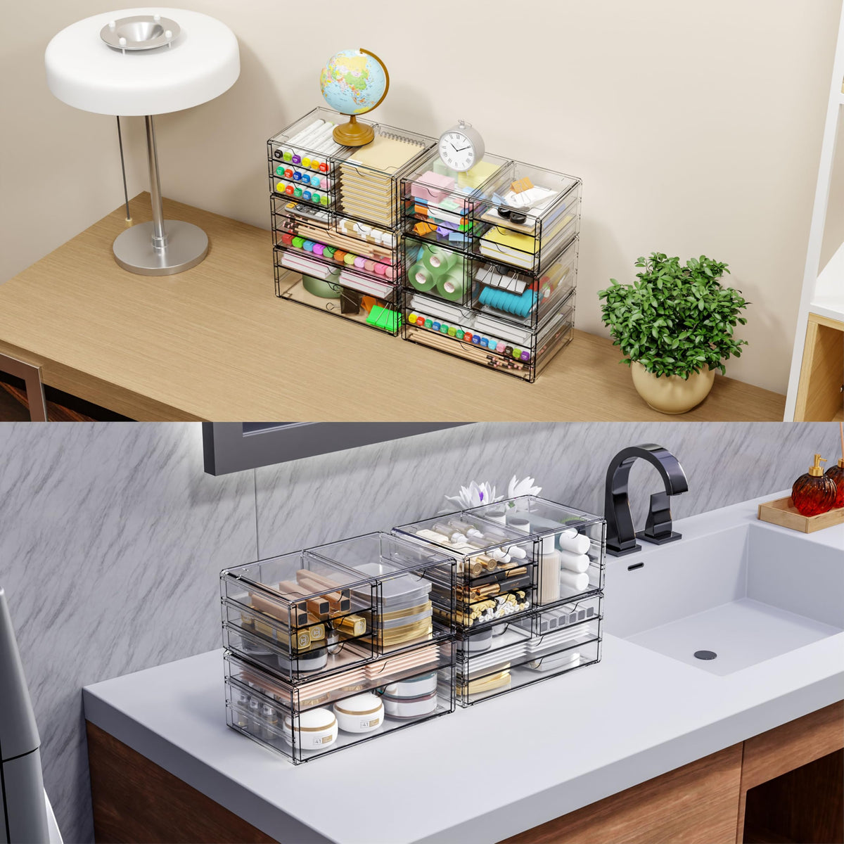 Yieach 2 Pack Acrylic Storage Drawers With 12 Small Drawer,Stackable Office Cabinet Organizer and
