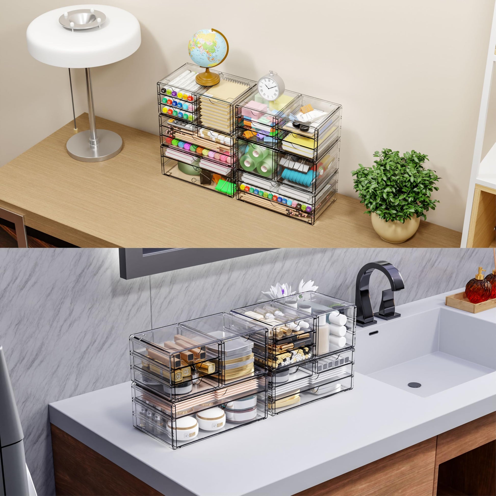 Yieach 2 Pack Acrylic Storage Drawers With 12 Small Drawer,Stackable Office Cabinet Organizer and