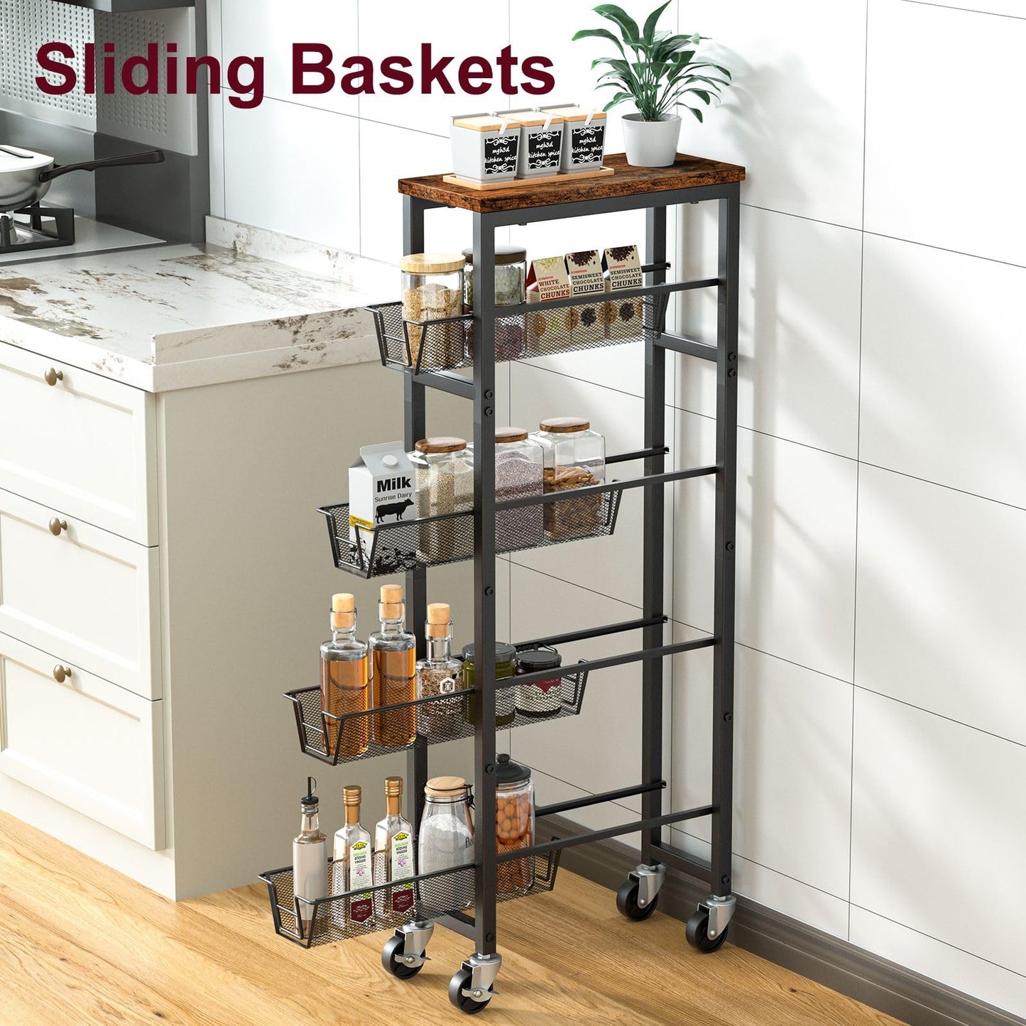 Honest Slim Storage Cart 4-Tier Slim Rolling Cart with Metal Frame and Wooden Top, 6.3 Inches