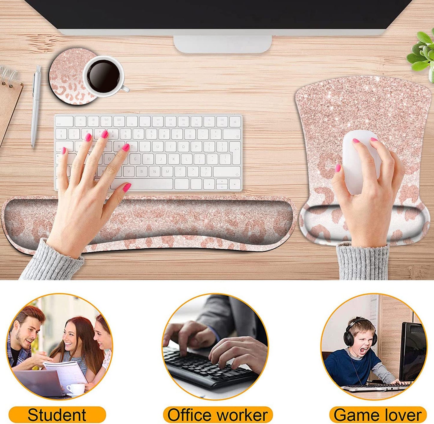 Keyboard Wrist Rest and Mouse Pad Wrist Support Set,Pink Leopard Star Pattern Ergonomic Gel Mouse
