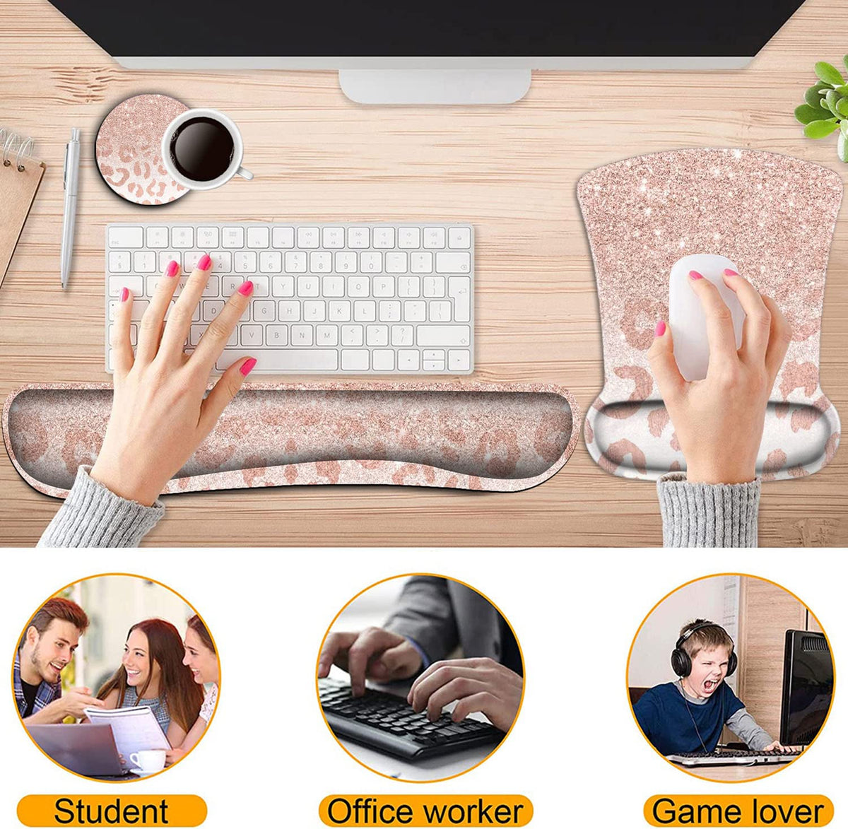 Keyboard Wrist Rest and Mouse Pad Wrist Support Set,Pink Leopard Star Pattern Ergonomic Gel Mouse