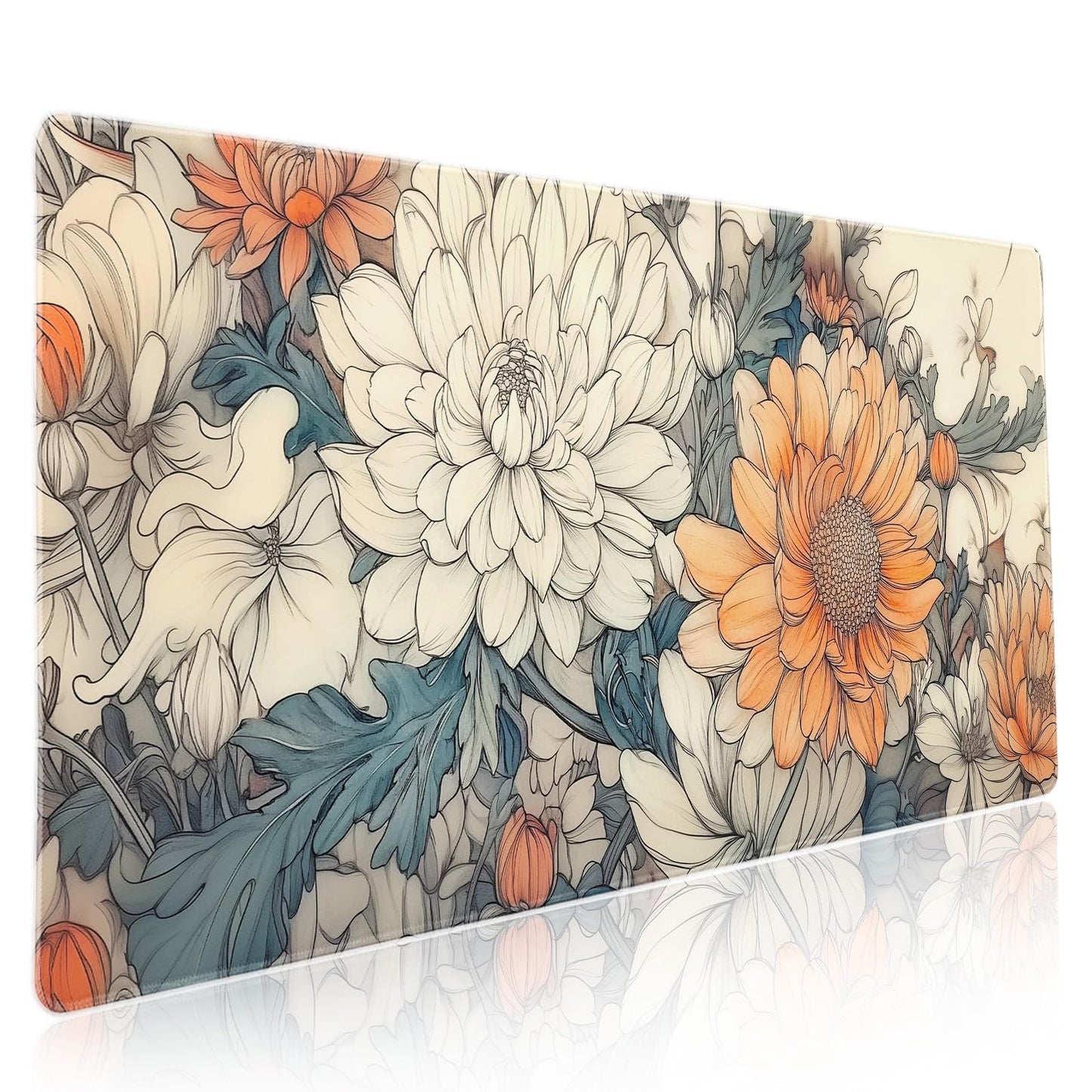 Minimalist Floral Gaming Mouse Pad XXL White Orange Aesthetic Flowers Japanese Extended Large Mat